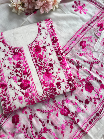 Ivory & Fuchsia Pure Cotton Hand-Embroidered Unstitched Dress