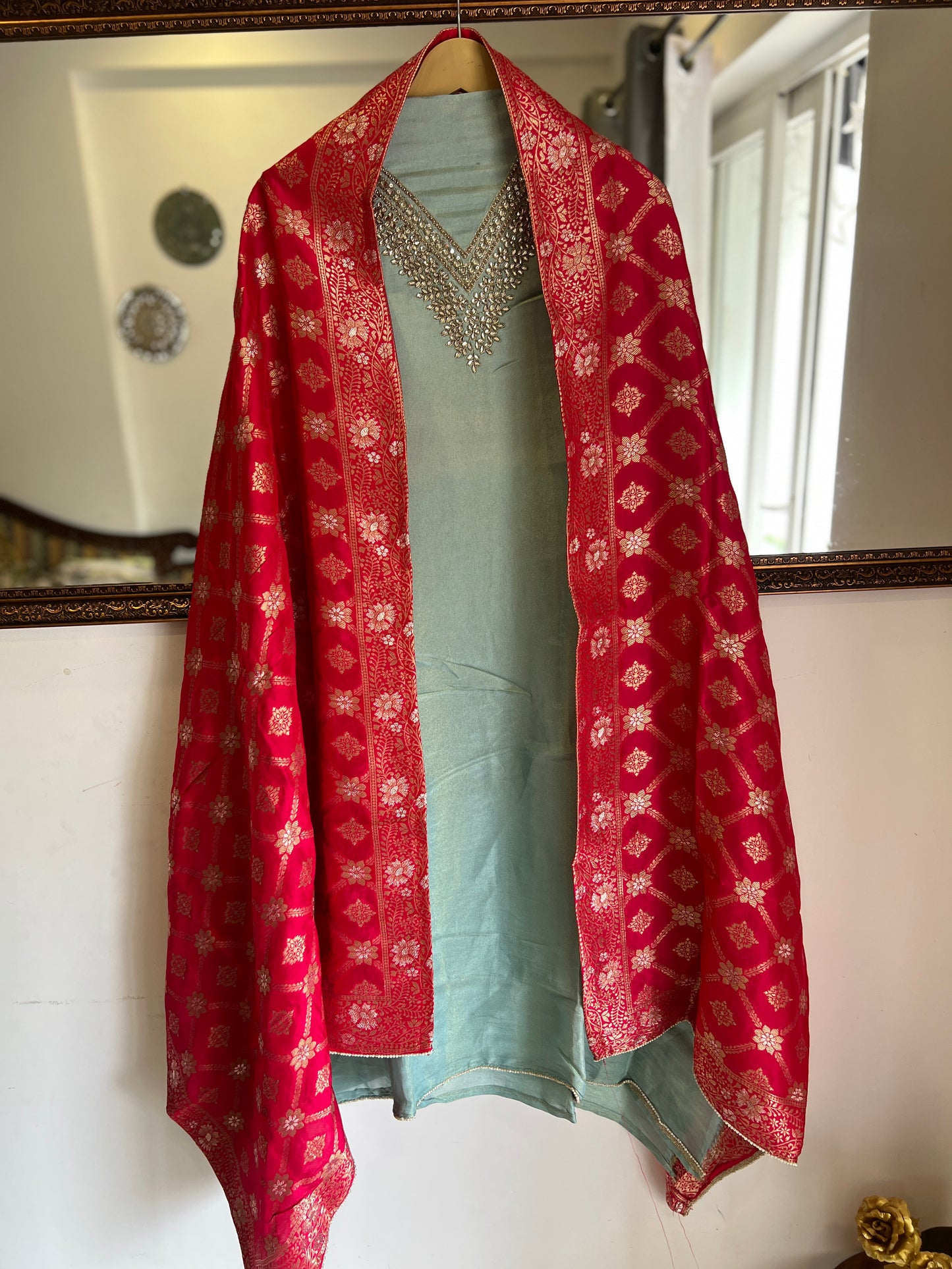 Elegant Pastel V-Neck Suit with Intricate Mirror Embellishment