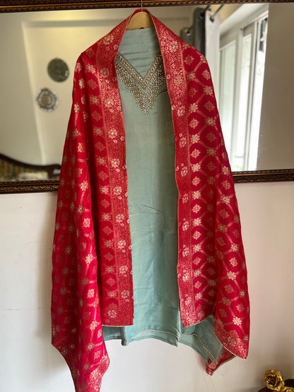 Elegant Pastel V-Neck Suit with Intricate Mirror Embellishment