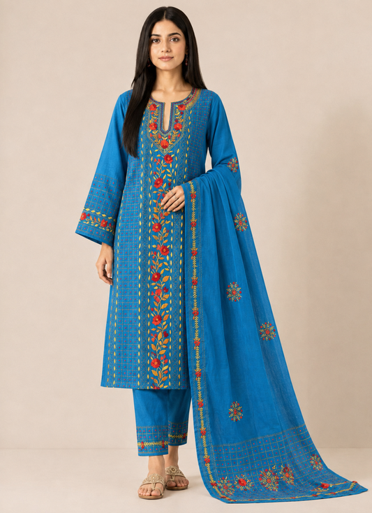 Azure Bloom Hand-Embroidered Unstitched Suit Set