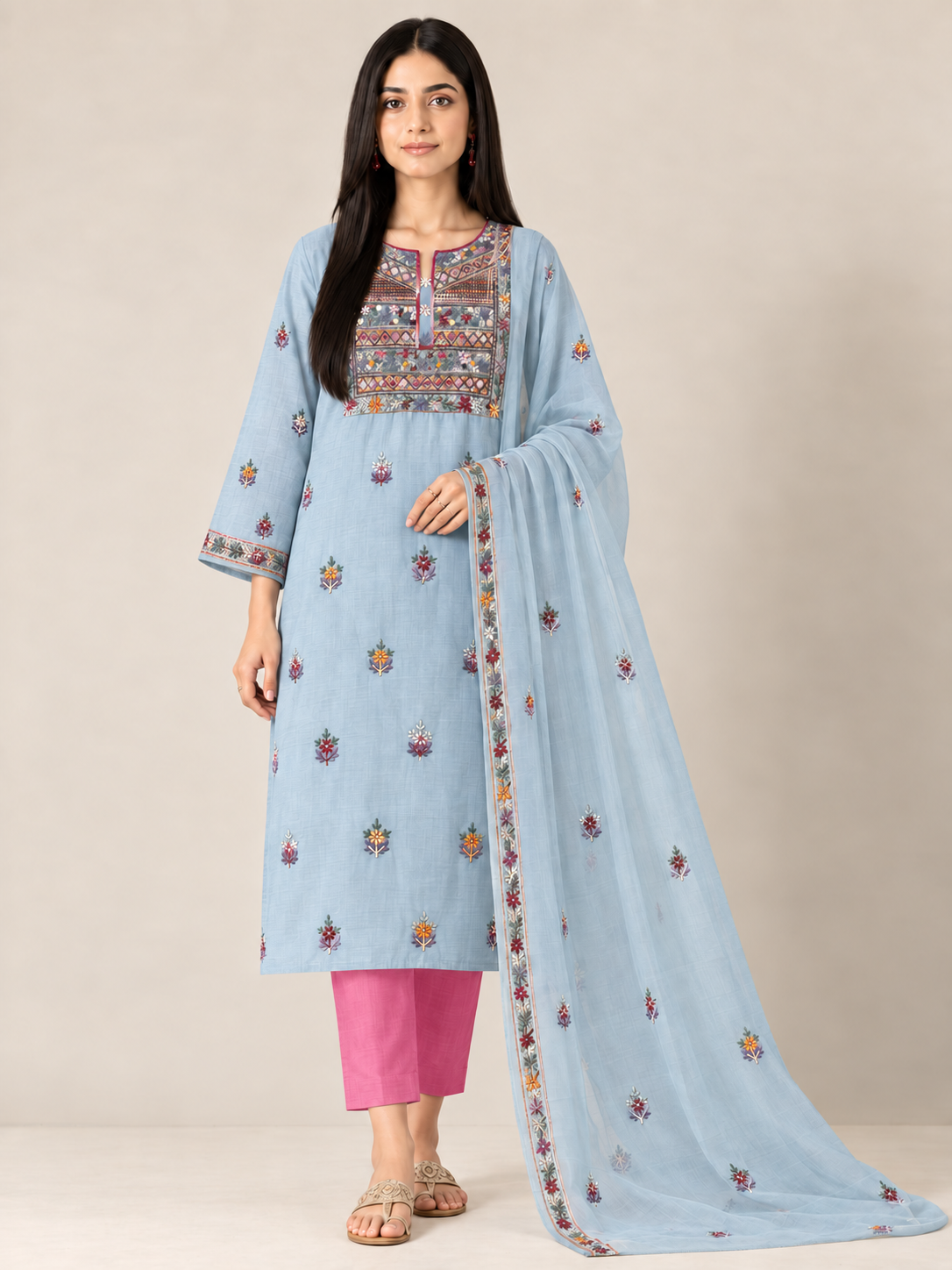 Powder Blue Multicolour Hand Embroidered Suit Set