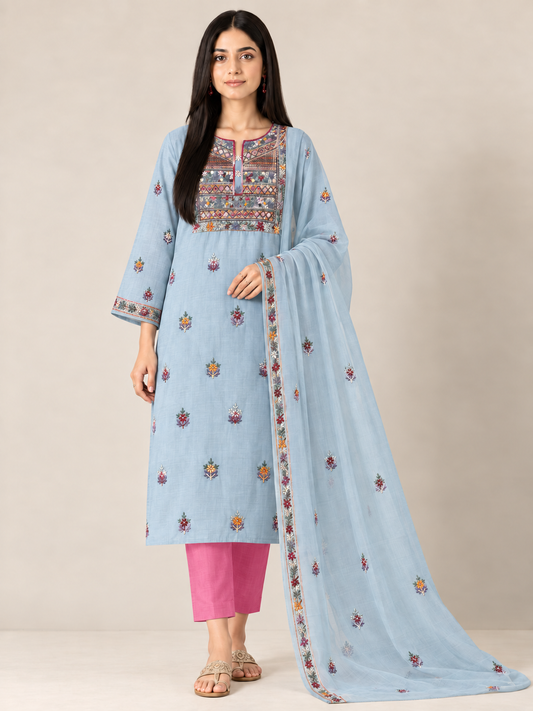 Powder Blue Multicolour Hand Embroidered Suit Set