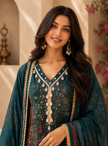 Stylish Printed Maslin Salwar Suit with Sea Shell Detailing