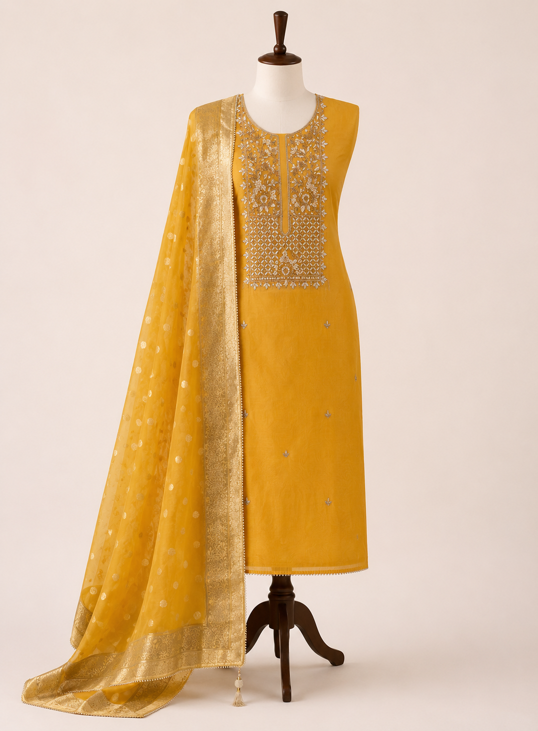 Yellow Chanderi Silk Handwork Suit