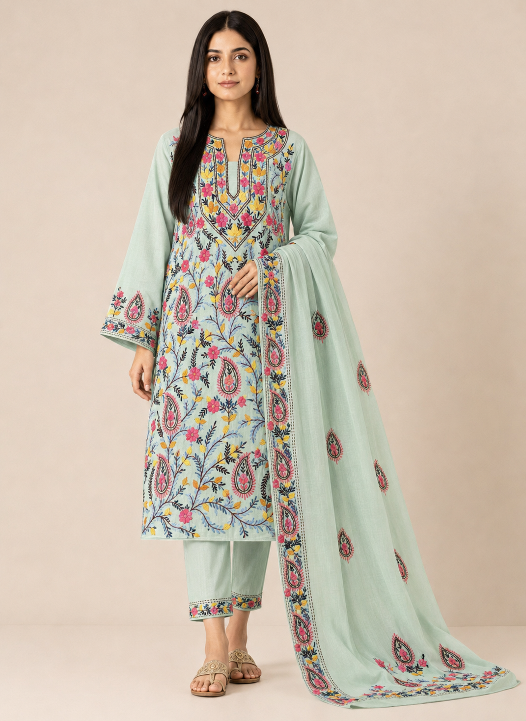 Mint Blue Multicolor Thread Embroidered Suit