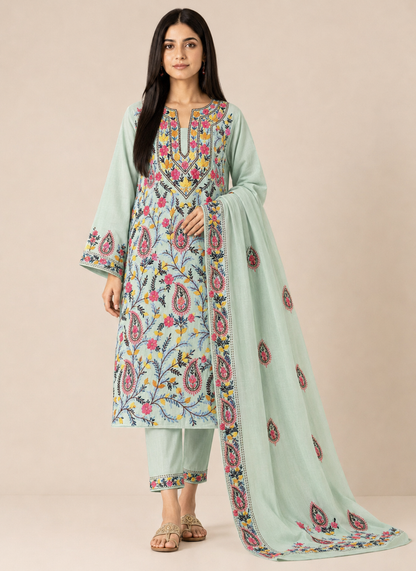 Mint Blue Multicolor Thread Embroidered Suit