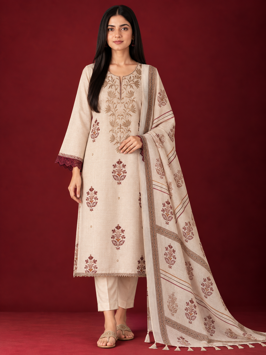 PITTA EMBROIDERED HAND-BLOCK LINEN SUIT SET