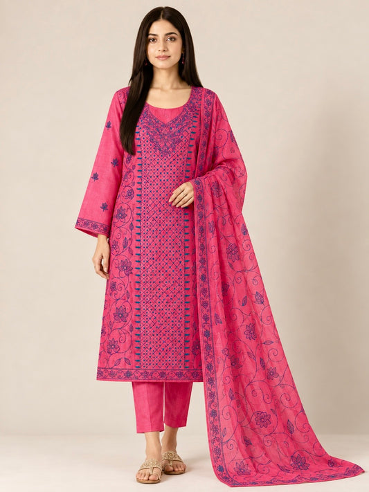 Fuchsia Bloom Kathiyawadi Hand-Embroidered Suit Set