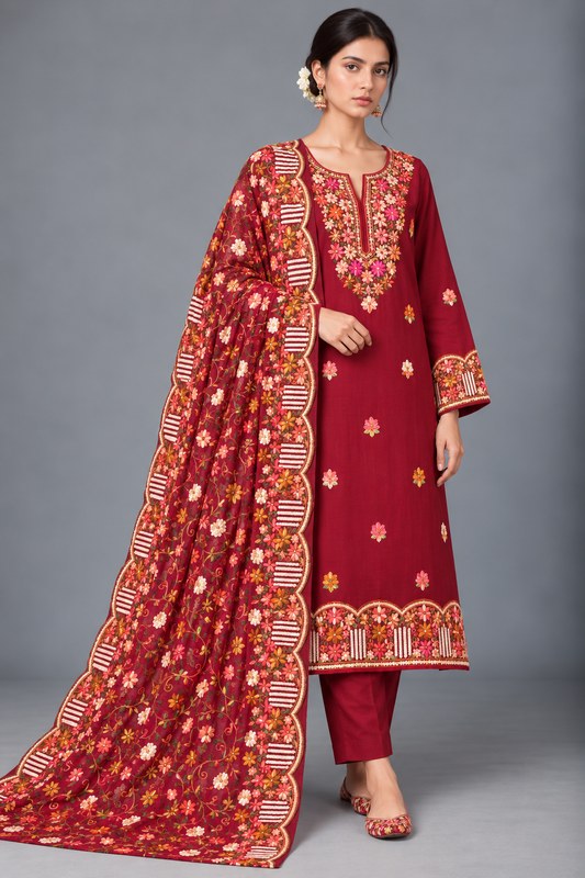 Wine Berry Modal Kashmiri Embroidered Unstitched Suit Set with Heavy Chiffon Dupatta