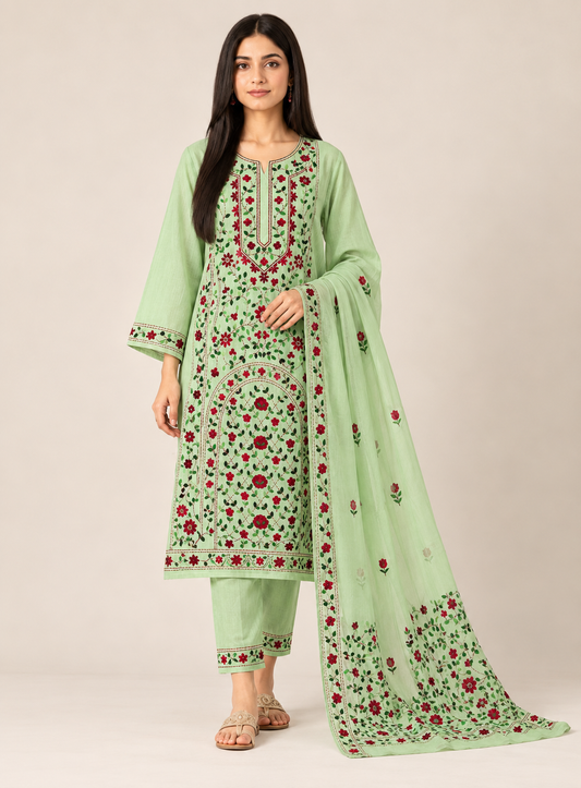 Mint Green Hand Embroidered Cotton Suit