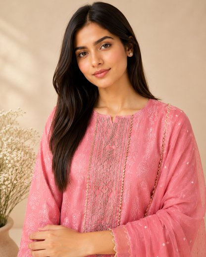 Soft Blush Pink Cotton Suit with Elegant Handwork