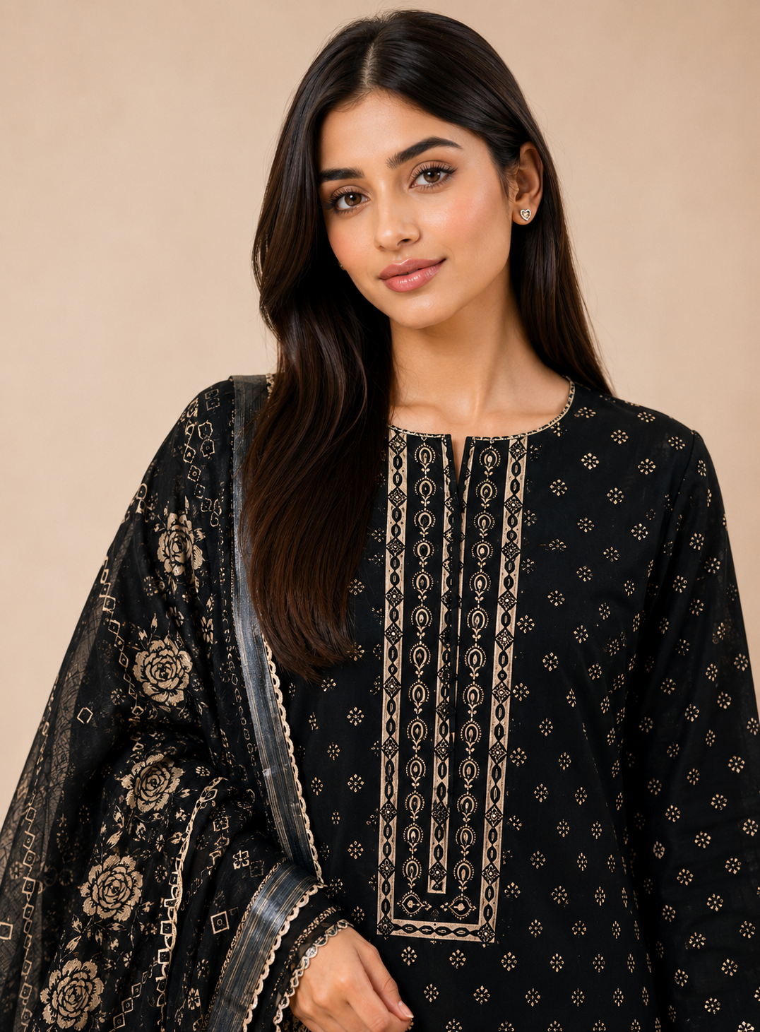 Black Handcrafted Digital printed  Linen Salwar Suits