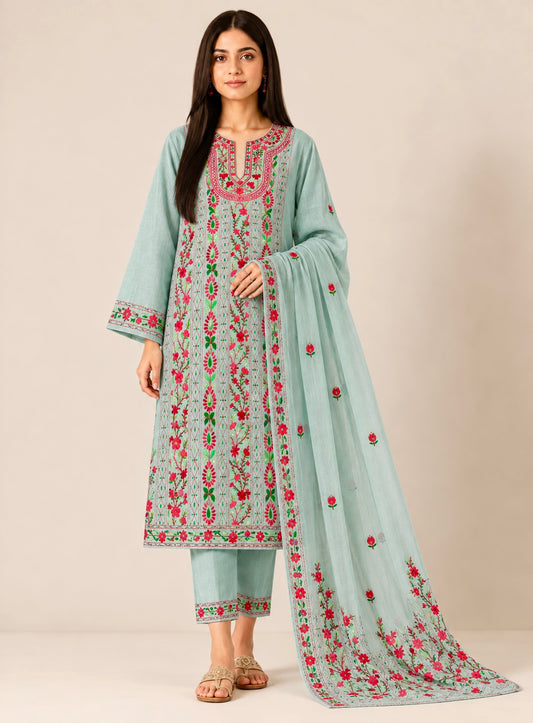 Sage Grey Pure Cotton Hand-Embroidered Unstitched Dress