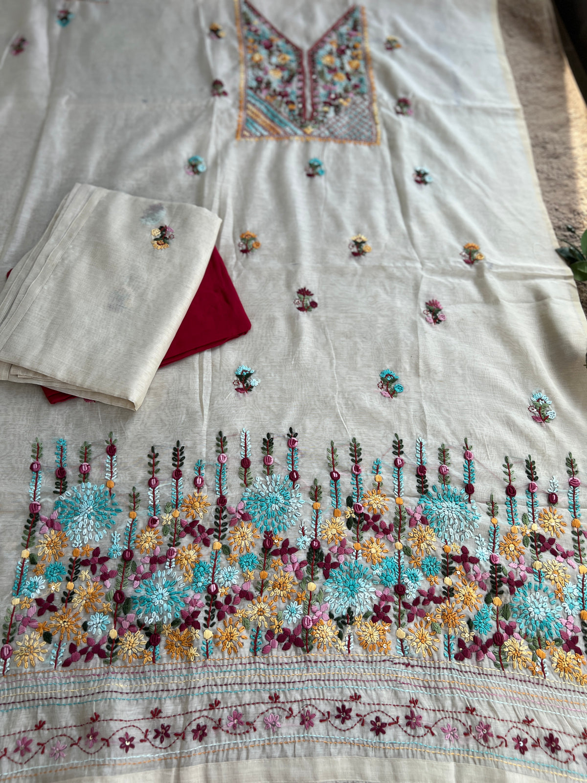 Beige Blossom Hand-Embroidered Chanderi Silk