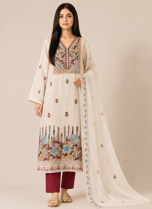 Beige Blossom Hand-Embroidered Chanderi Silk