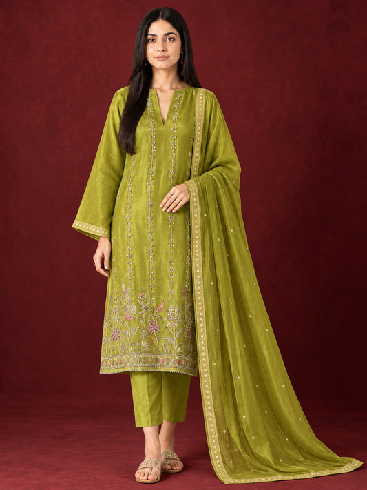 Floral Embroidered Shimmer Silk Suit Set