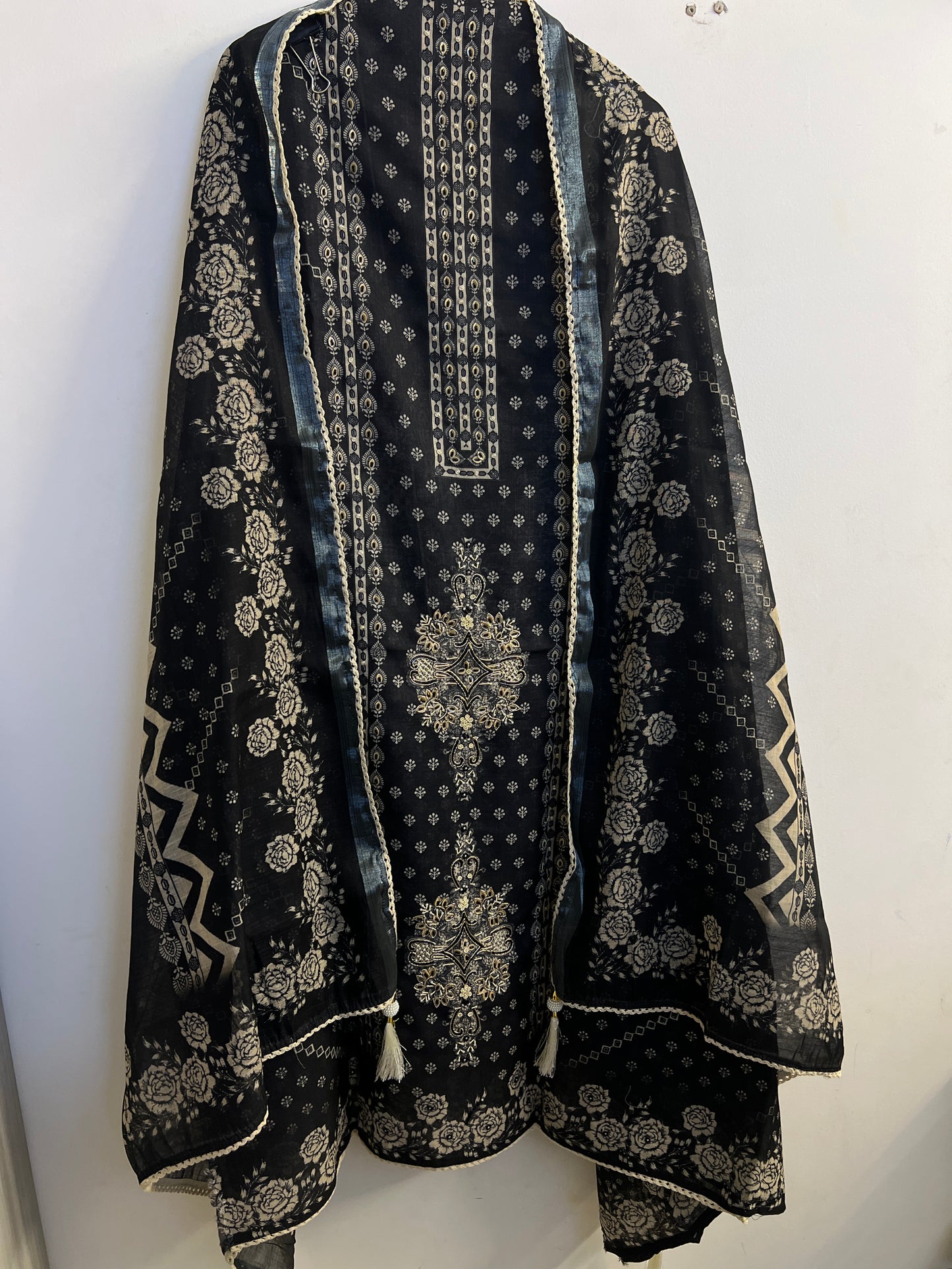 Black Handcrafted Digital printed  Linen Salwar Suits