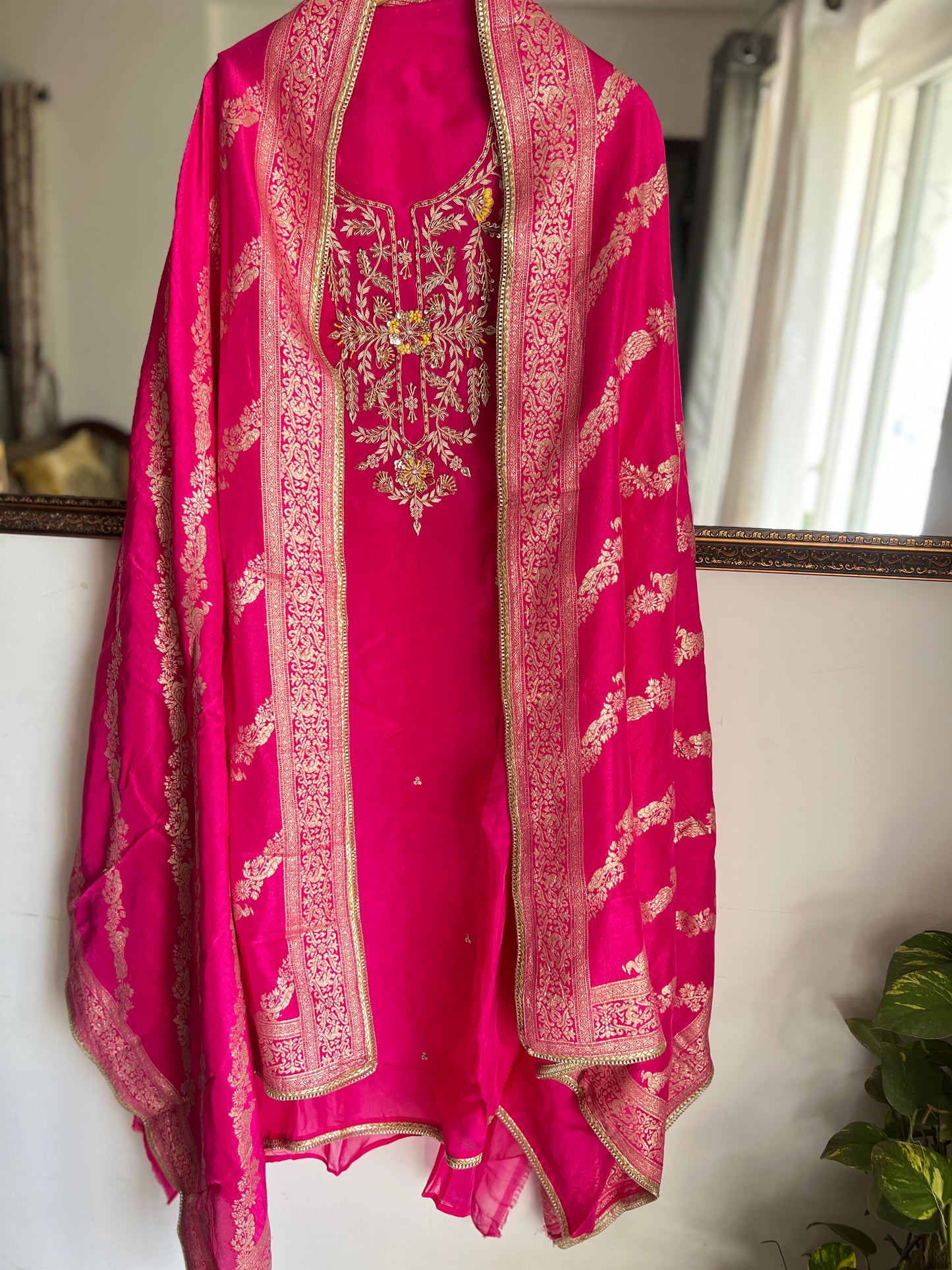 Fuchsia Russian Crepe Suit with Intricate Hand Embroidery & Georgette Banarasi Dupatta