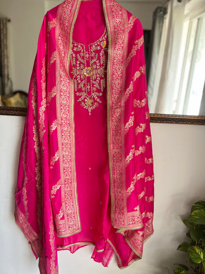 Fuchsia Russian Crepe Suit with Intricate Hand Embroidery & Georgette Banarasi Dupatta