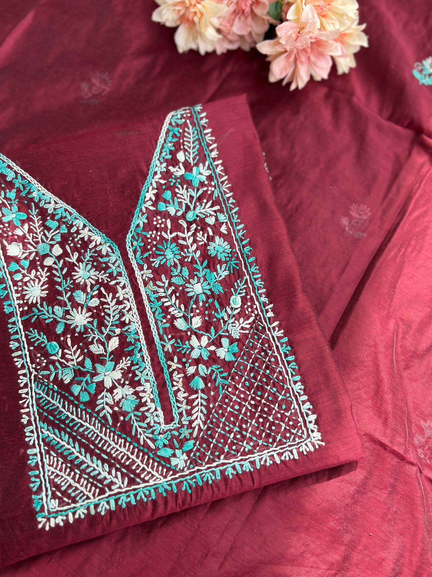 Wine Hand-Embroidered Chanderi Silk