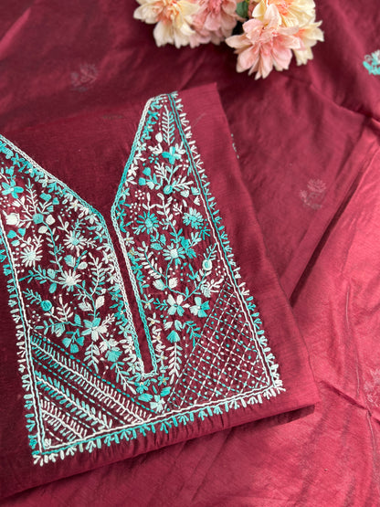 Wine Hand-Embroidered Chanderi Silk
