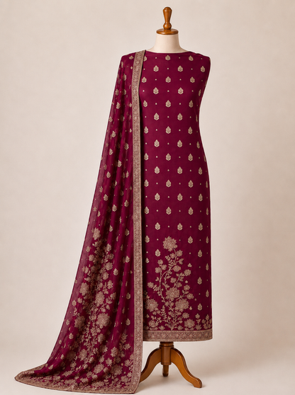 Banarasi woven Floral Silk Suit with Embroidered Detailing & Silk Dupatta