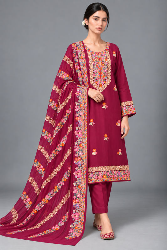 Royal Plum Kashmiri Embroidered Suit Set with Chiffon Dupatta