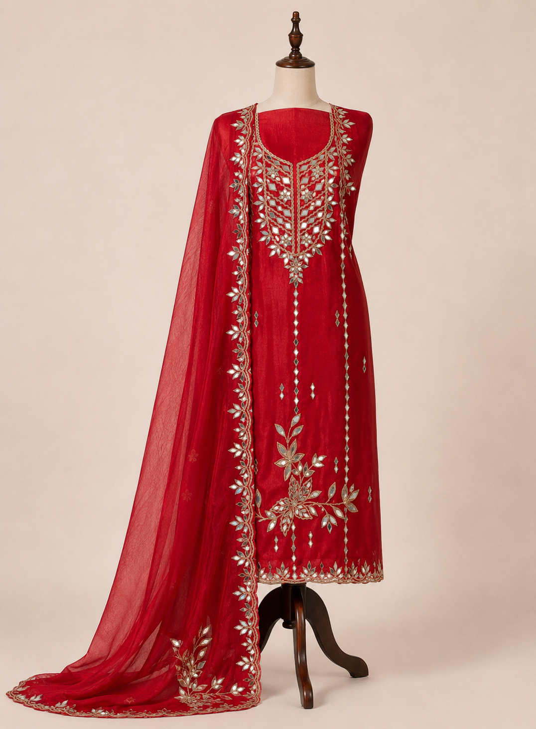 Elegant Satin Shimmer Silk Ensemble with Golden Zari & Real Mirrors