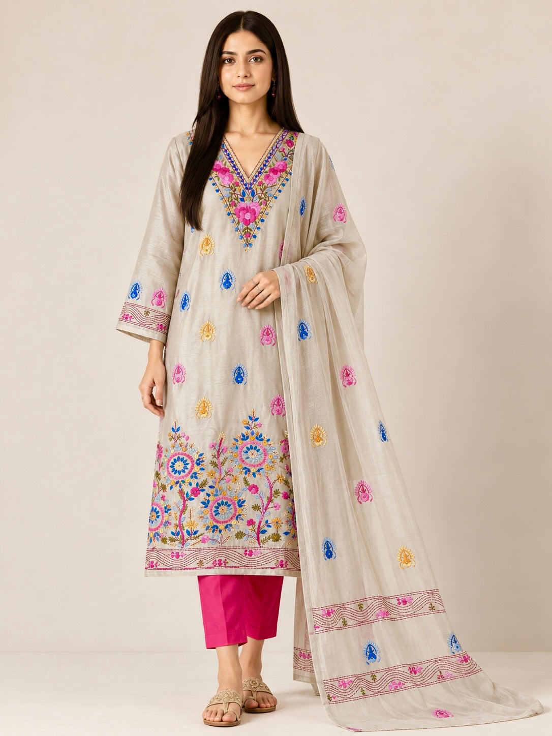 Silver Grey Chanderi Silk Floral Hand Embroidery
