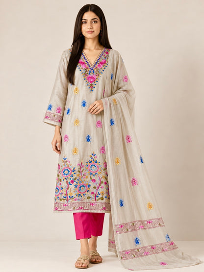 Silver Grey Chanderi Silk Floral Hand Embroidery