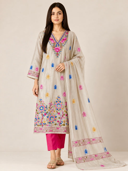 Silver Grey Chanderi Silk Floral Hand Embroidery