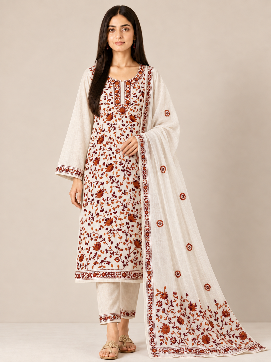 Heritage Rust Pure Cotton Hand-Embroidered Unstitched Dress Material