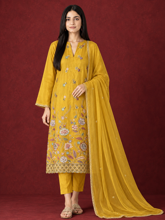 Floral Beadwork Shimmer Silk Suit Set