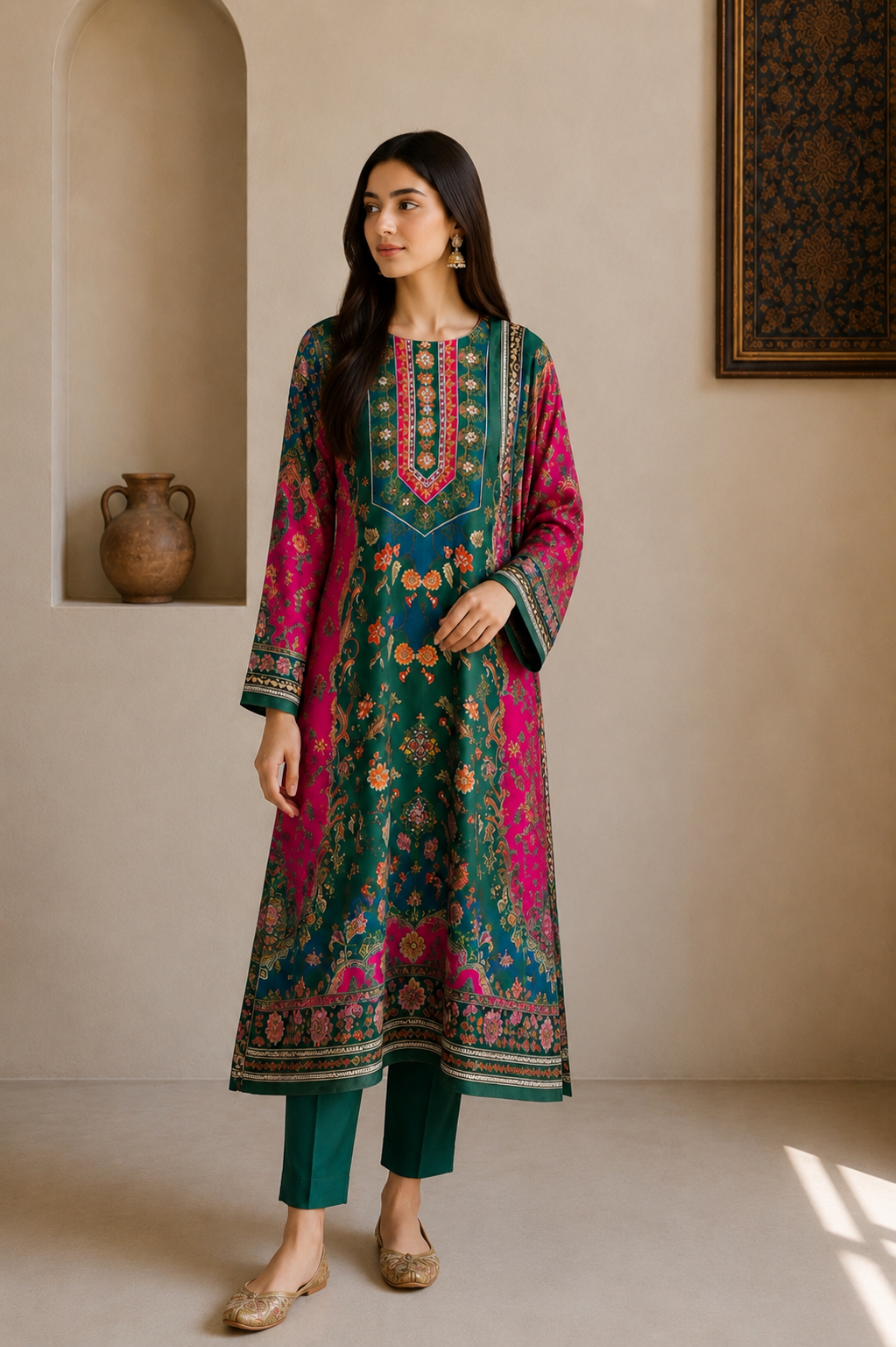 Emerald Bloom Muslin Karanchi Suit Set