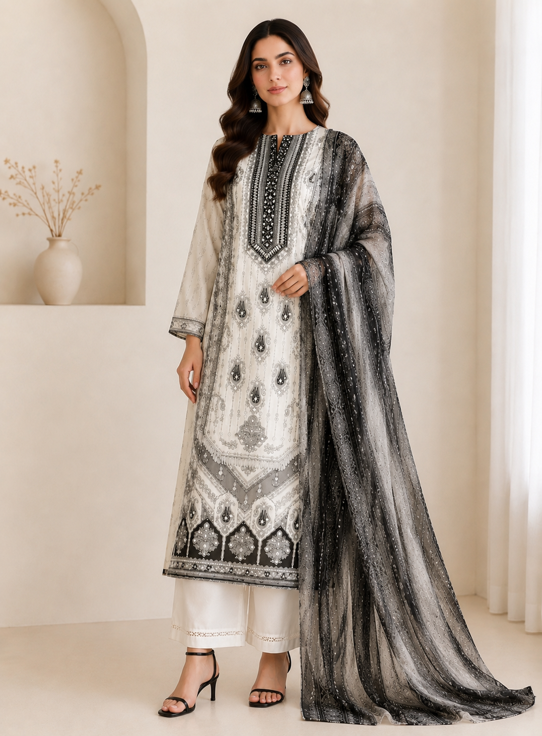 Black & White Elegance – Karachi Print Crepe Mirror Embroidered Suit