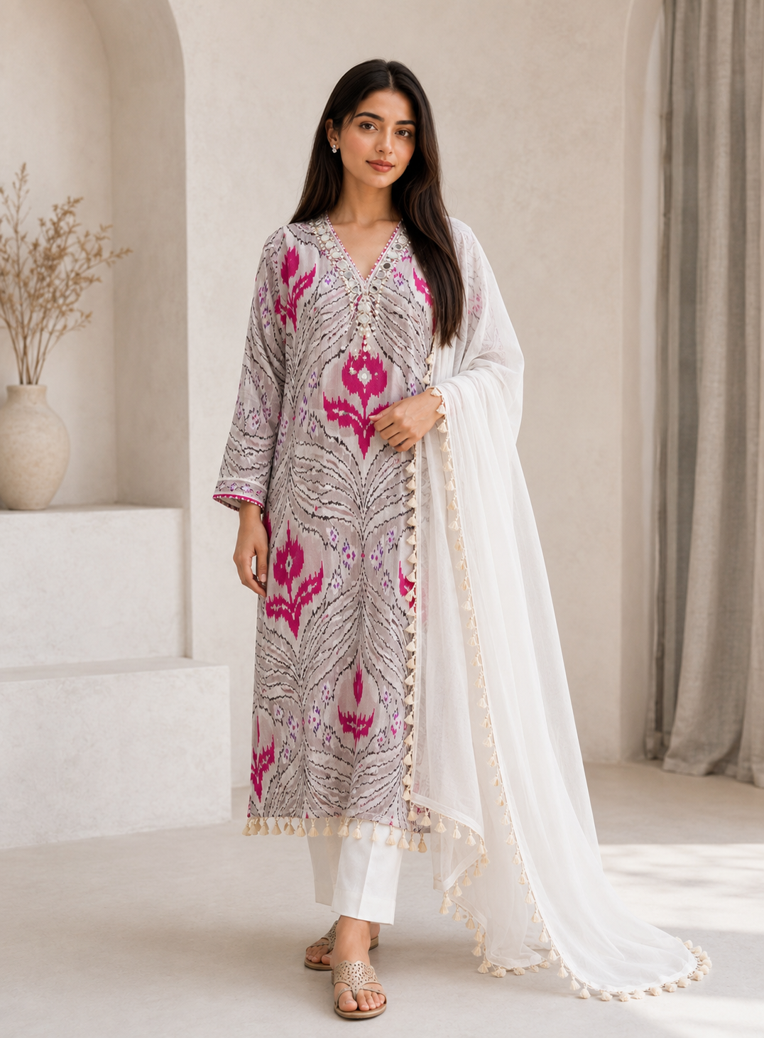 Pink Ikat Maslin Suit Set
