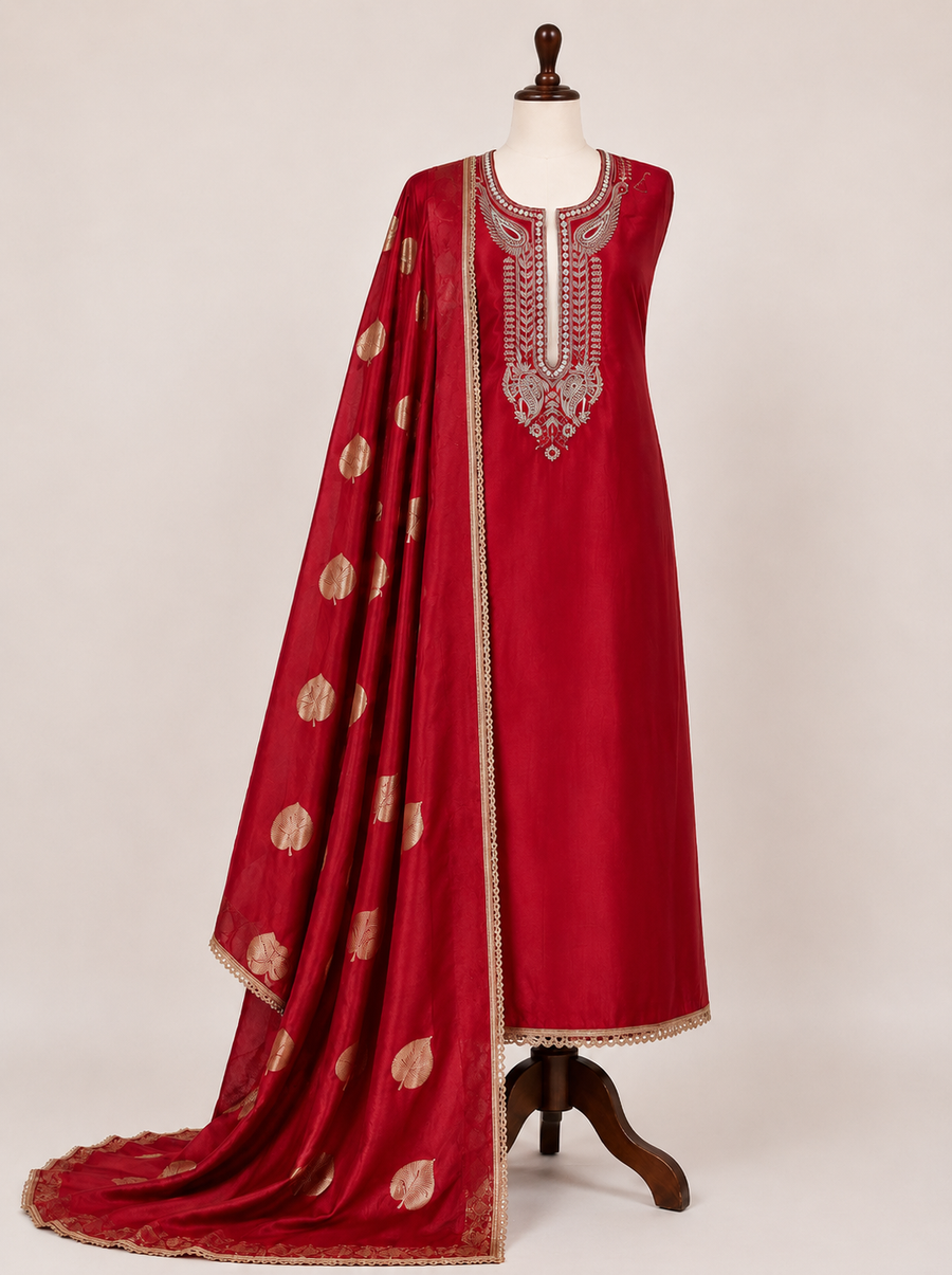 Red  Handwork Suit With Silk Dupatta