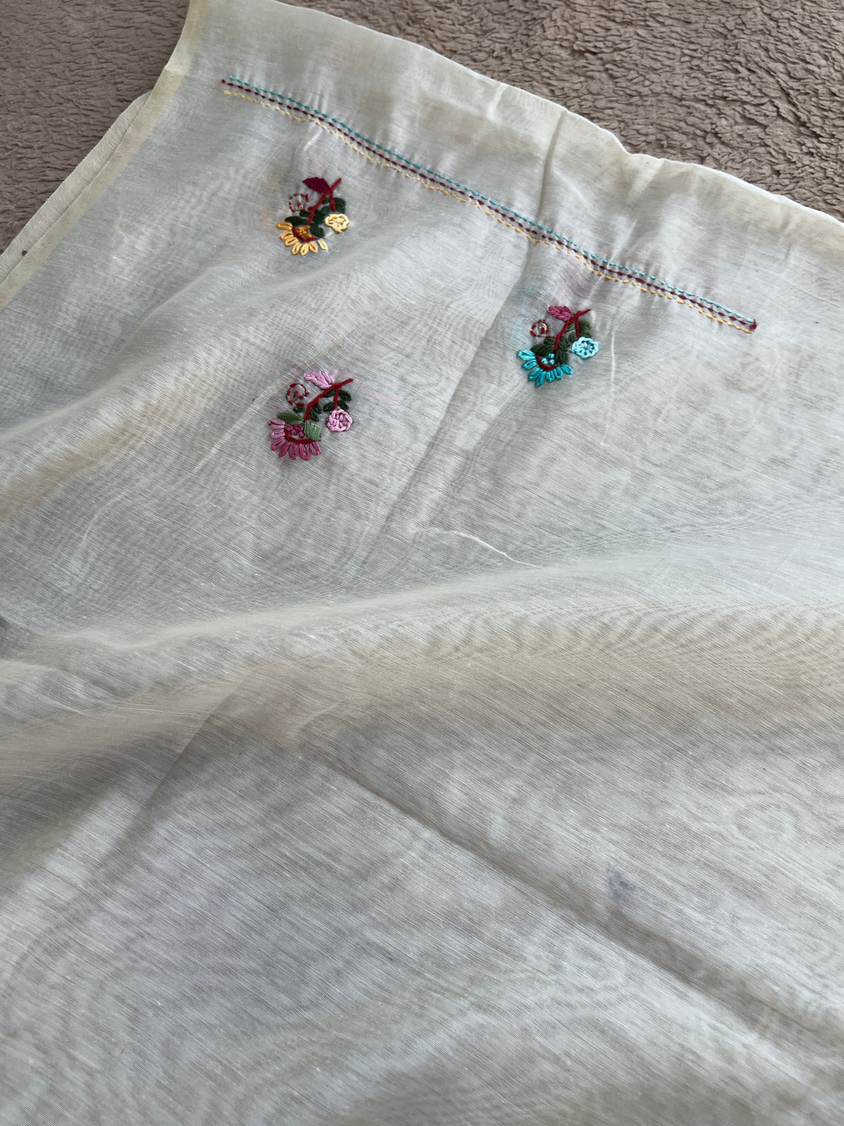 Beige Blossom Hand-Embroidered Chanderi Silk