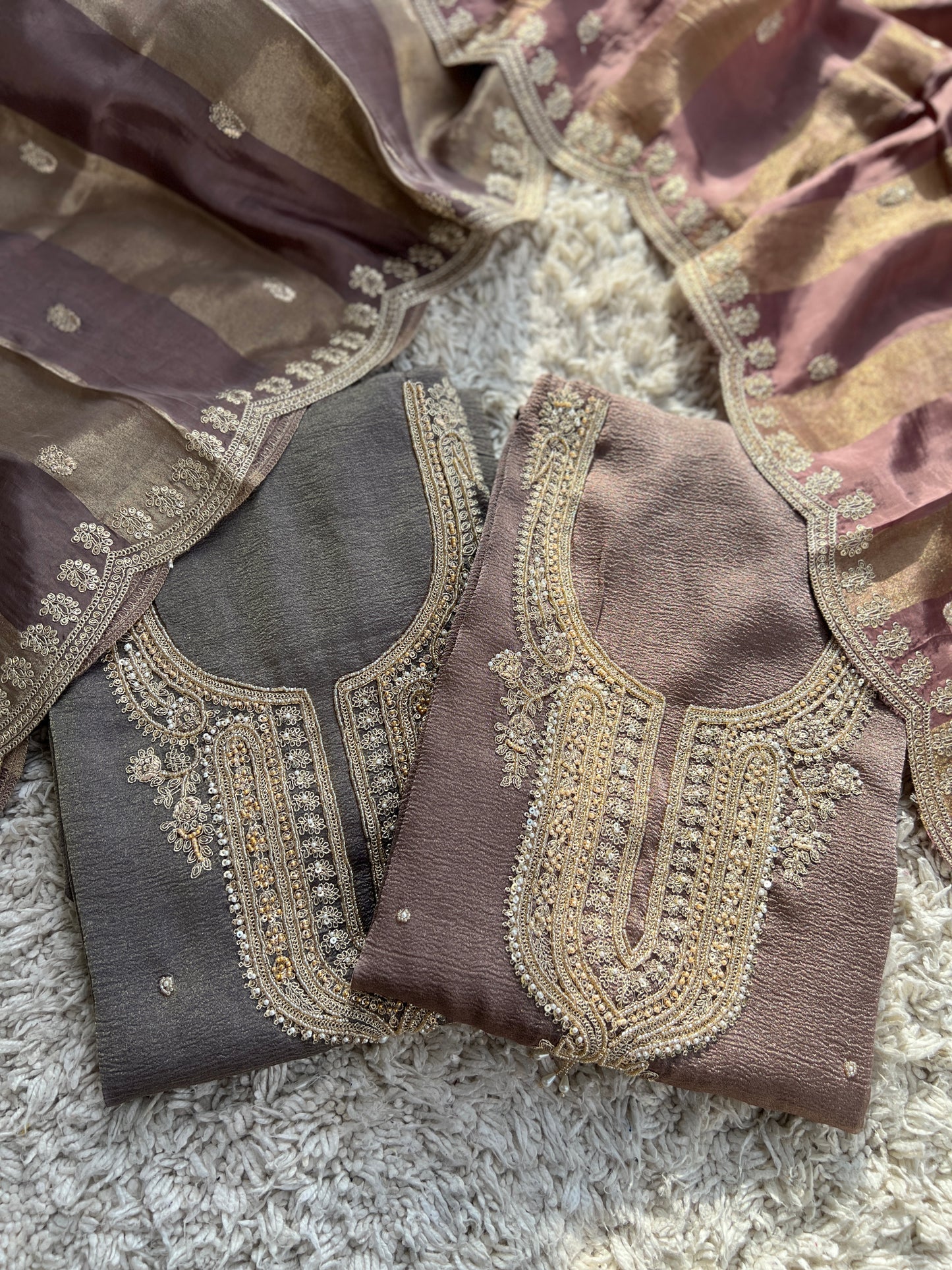 Pastel Elegance Crushed Shimmer Suit with Intricate Hand Embroidery & Silk Dupatta