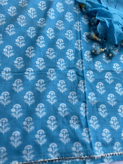 Sky Blue Cotton Suit with Delicate Hand Embroidery & Tassel Dupatta