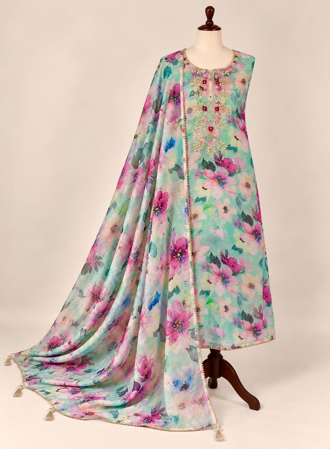 Graceful Soft Organza Suit with Floral Embroidery