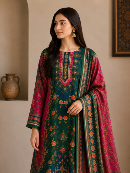 Emerald Bloom Muslin Karanchi Suit Set