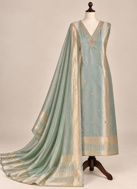 Sage Green & Gold Dabka Handwork Unstitched Suit Set