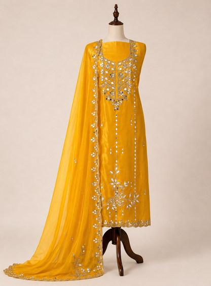 Elegant Satin Shimmer Silk Ensemble with Golden Zari & Real Mirrors
