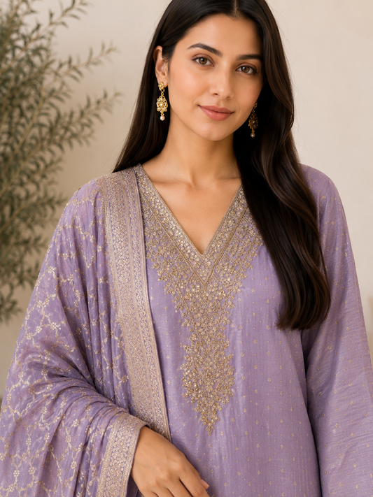 Graceful Shimmer Silk  Embroidered Suit Set