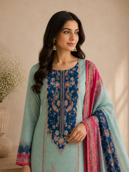 Pakistani-Inspired Russian Silk Semi-Stitched Suit with Gota Detailing