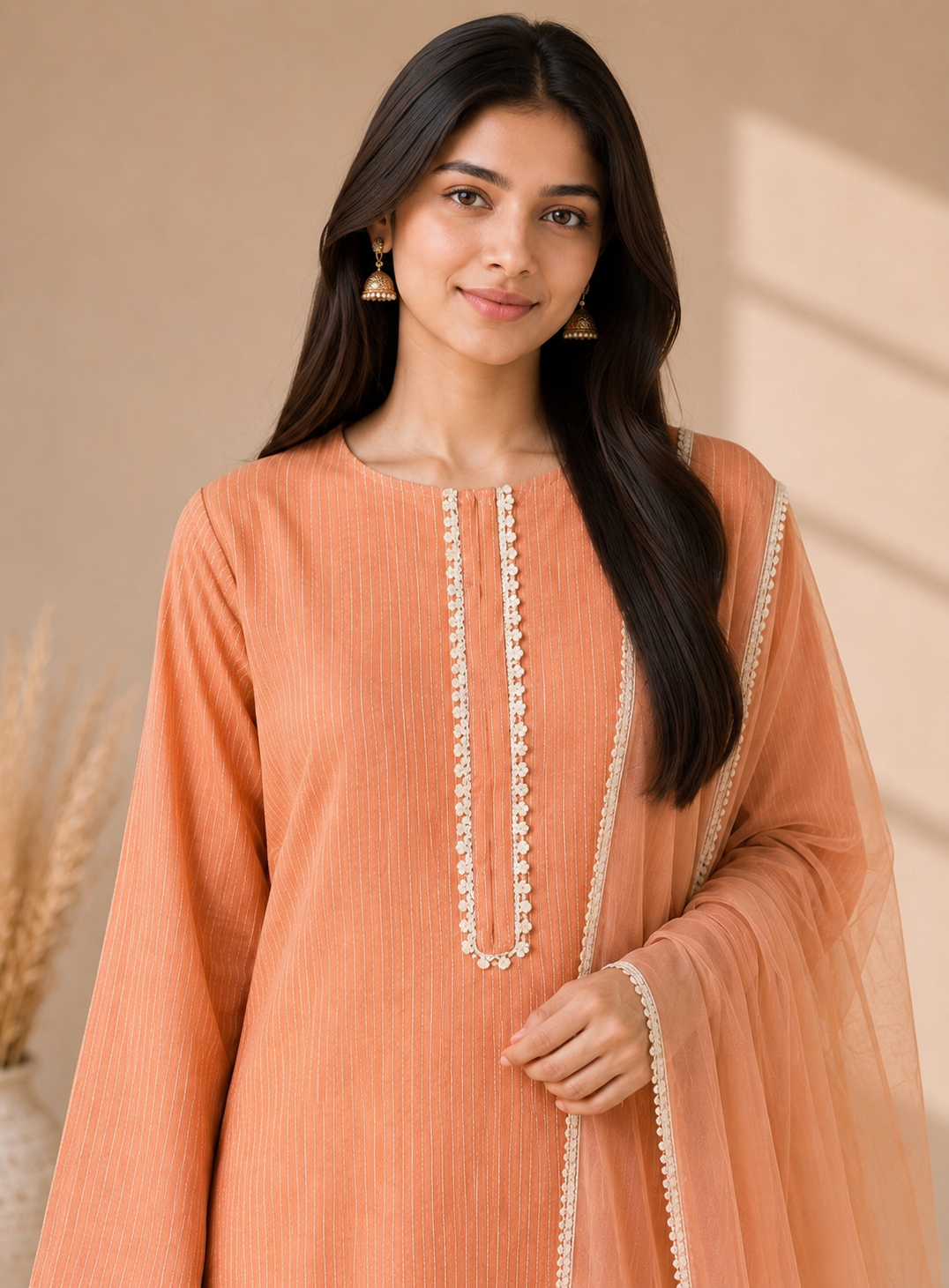 Elegant Peach Maheshwari Silk Suit with Hand Embroidery
