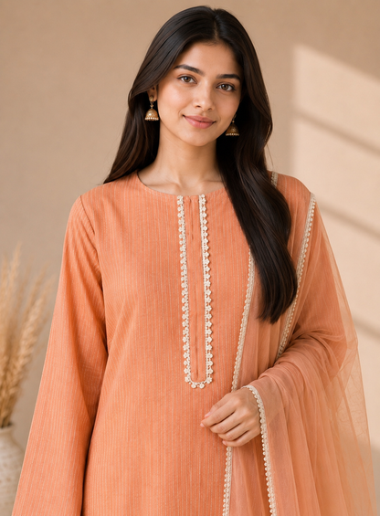 Elegant Peach Maheshwari Silk Suit with Hand Embroidery