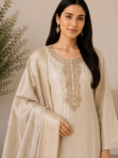 Stunning Ivory Shimmer Silk Unstitched Suit