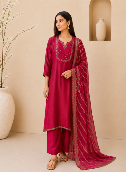 Shimmer Crepe Suit with Handcrafted Neck & Elegant Tissue Dupatta”
